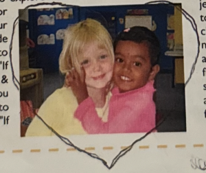 Zoomed-in picture of 3 y/o Meghana with a friend, both part of the Little Lamb nursery group.